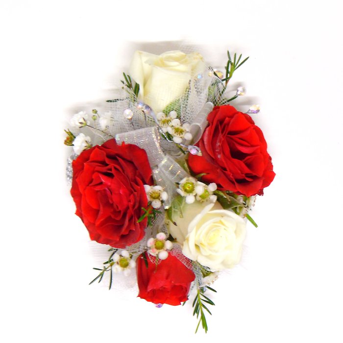 Five Red &amp; White Spray Rose Wrist Corsage