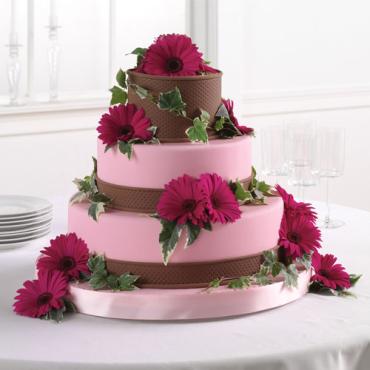 Pink and Brown Fondant Cake with Gerbera Daisies