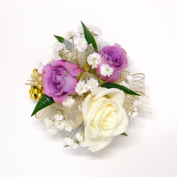 Lavender &amp; White Rose Wrist Corsage-Gold Accents