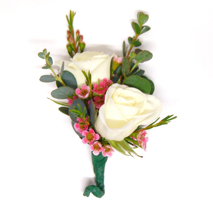 Double White Spray Rose &amp; Purple Boutonniere