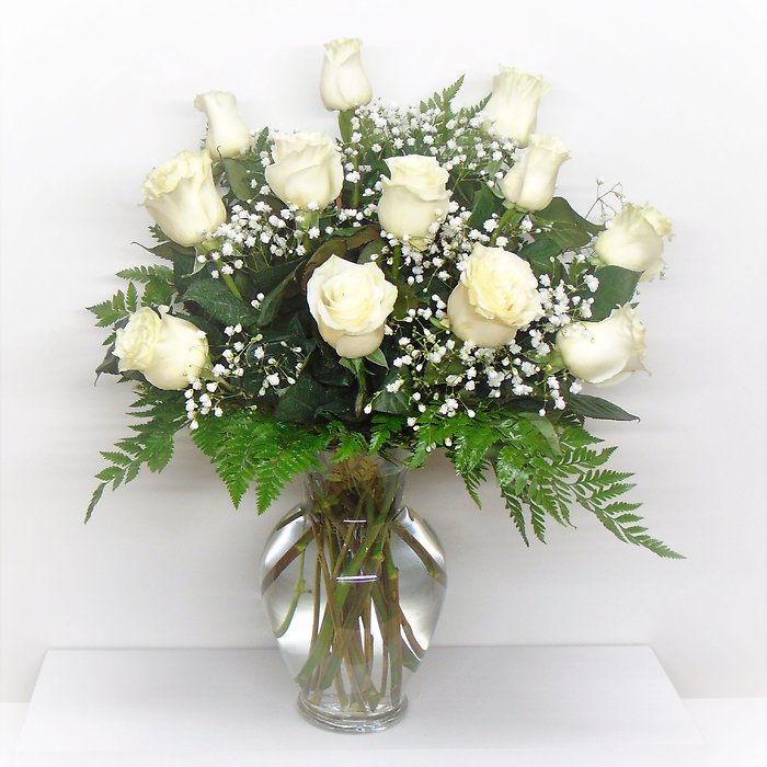 1 Dozen White Roses Arranged-Long Stemmed