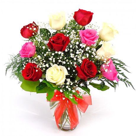 1 Dozen Red, Pink & White Roses Arranged-Long Stemmed