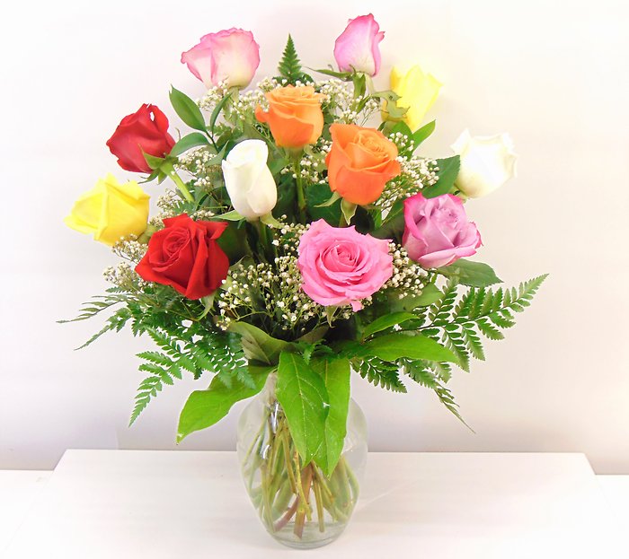 1 Dozen Assorted Roses Arranged-Long Stemmed
